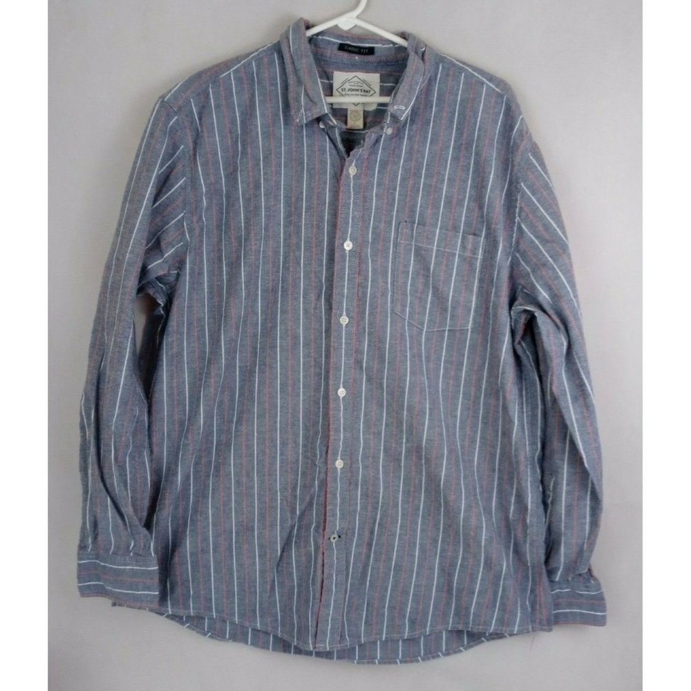 St Johns Bay Men's Classic Fit Gray Striped Dress Shirt Size XL 100% Cotton
